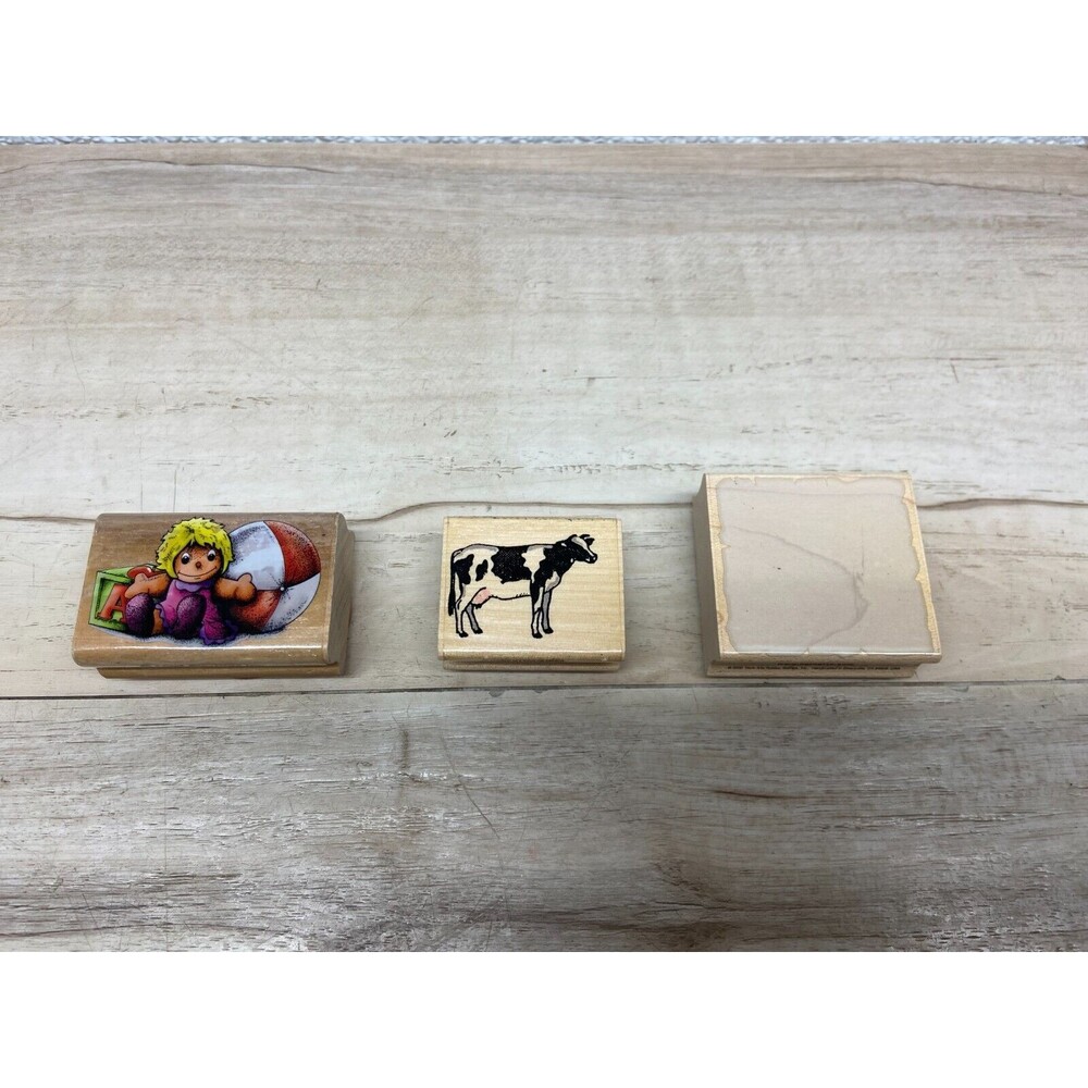 Set Of 3 Mixed Brands Wood Mounted Rubber Stamps